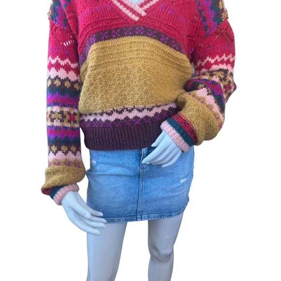 Sundance Multicolor Striped Fair Isle Rainbow Chunky VNeck Wool Blend Sweater XS - Picture 5 of 8